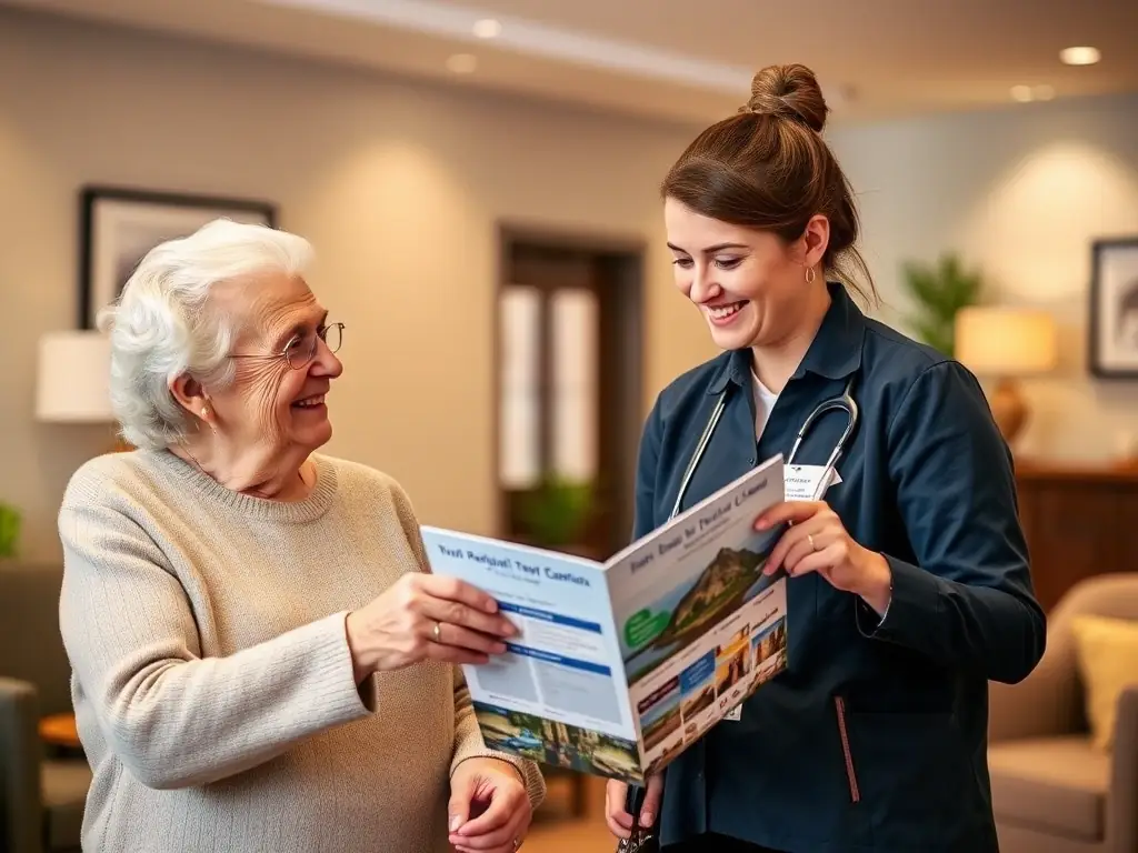 A friendly Rootheal Medical Clinic staff member assisting an elderly patient with their travel arrangements, showcasing the clinic's commitment to providing comprehensive support.