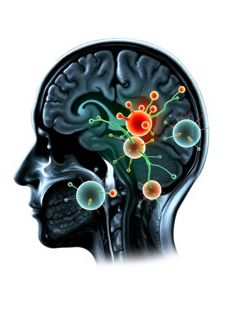 An MRI scan image showing the affected area of the brain after a stroke, with an overlay graphic illustrating stem cells targeting and repairing the damaged tissue.