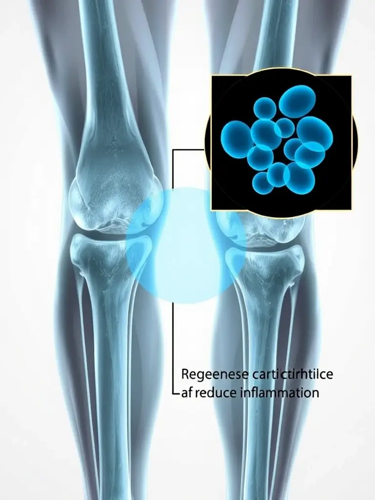 An X-ray image of a knee joint affected by osteoarthritis, with an overlay graphic demonstrating how stem cells can regenerate cartilage and reduce inflammation.