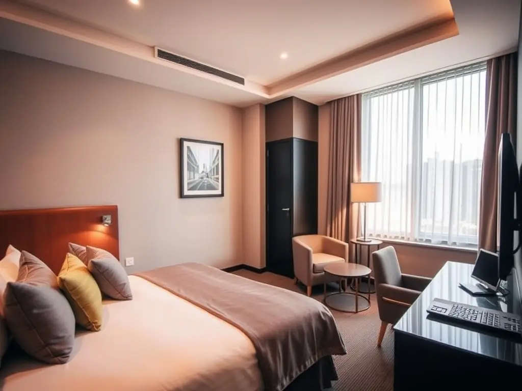 An inviting image of a modern, comfortable hotel room, representing the quality accommodation provided as part of Rootheal Medical Clinic's medical tourism packages.
