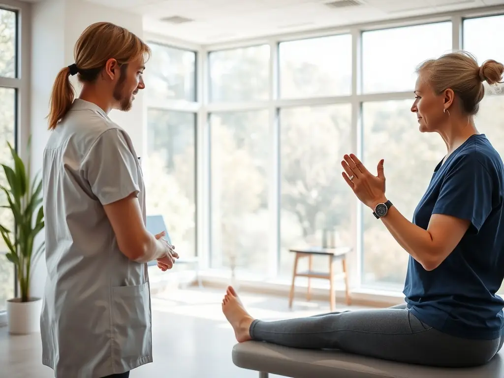 A serene image of a patient receiving a physiotherapy session at Rootheal Medical Clinic, with lush greenery visible through the window, symbolizing the clinic's holistic approach to healing and wellness.